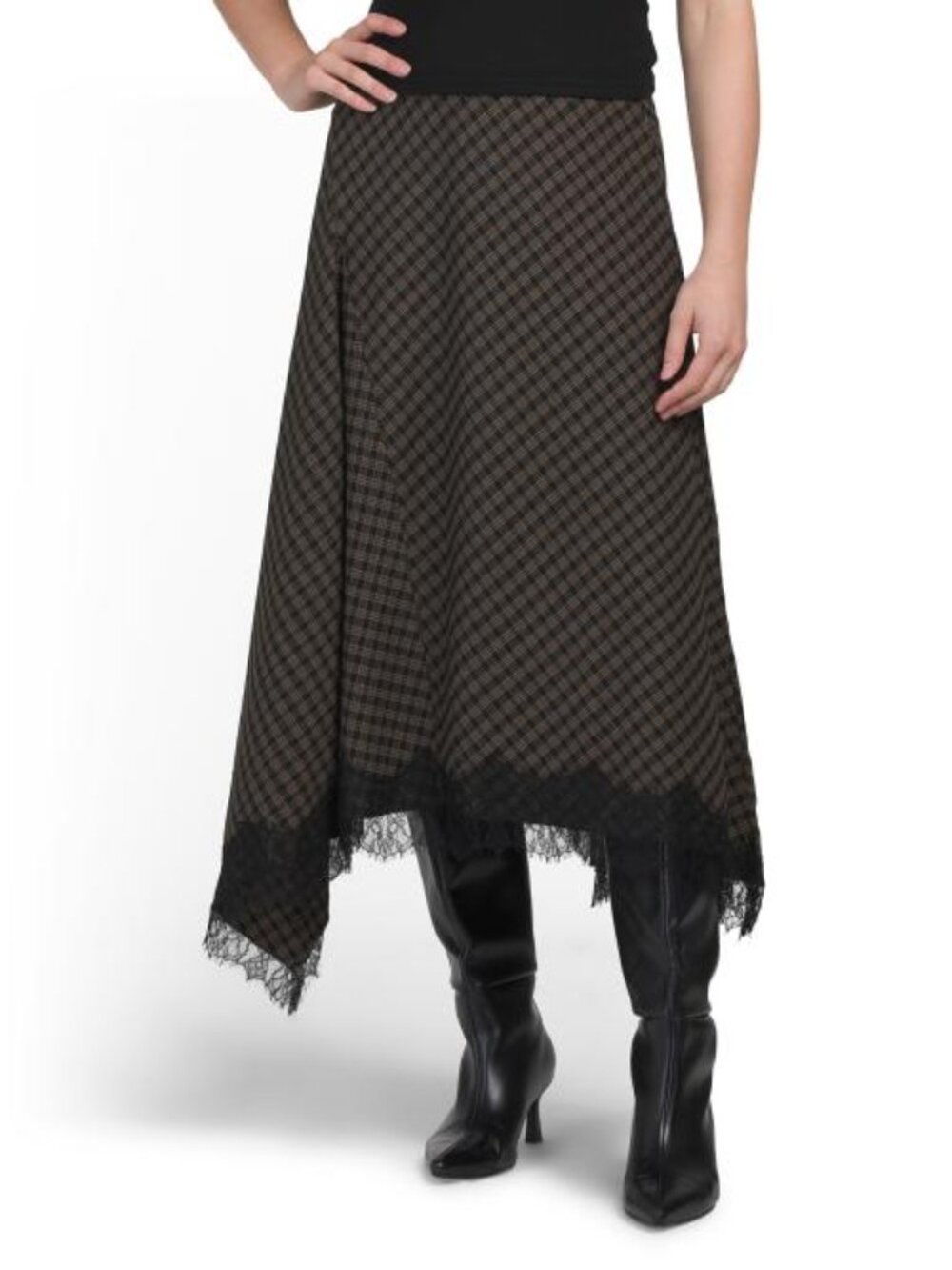 LA VIE REBECCA TAYLOR Pull On Plaid Asymmetrical Skirt With Bottom Lace